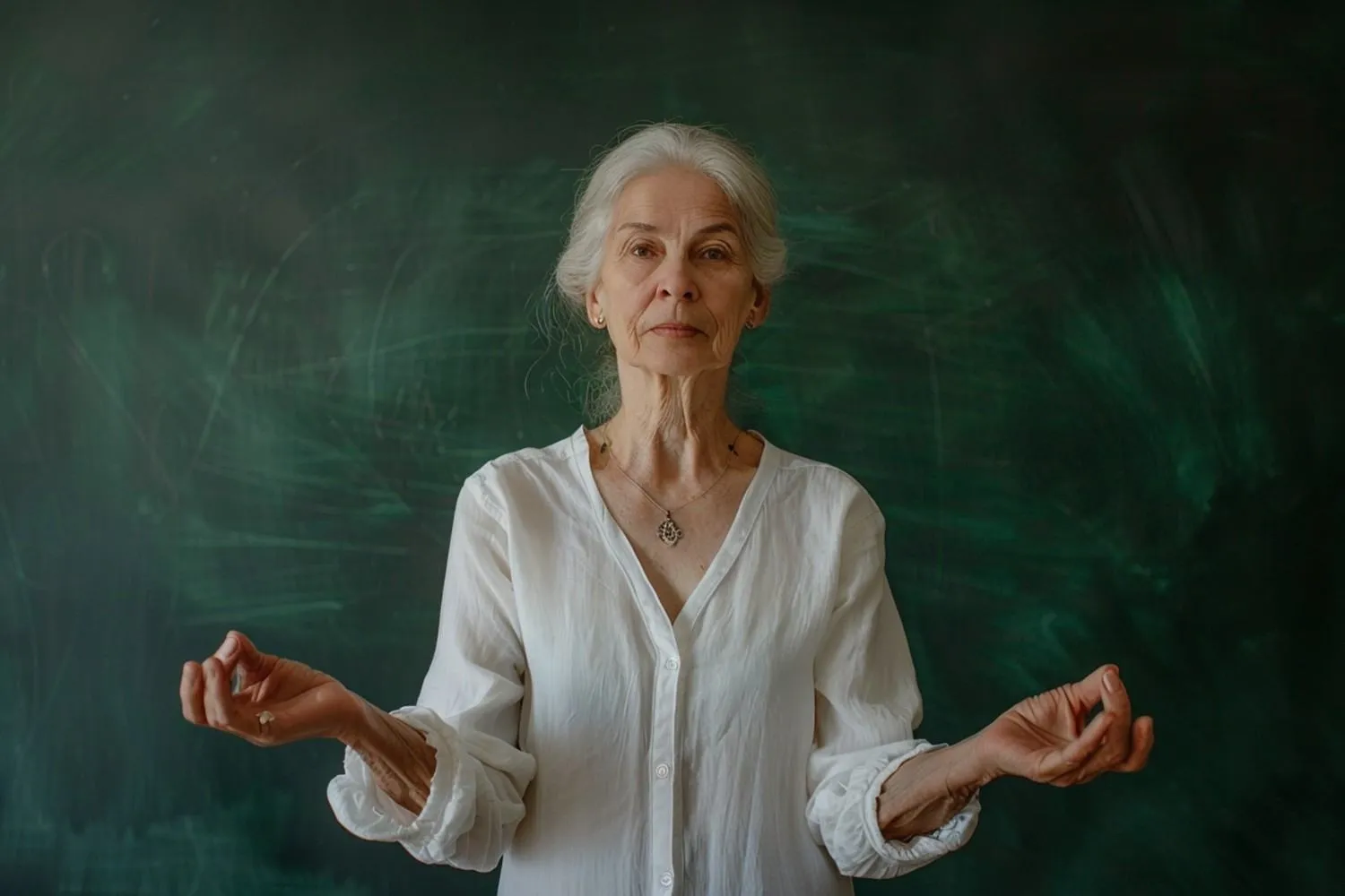 Calm older woman with silver hair taking a slow breath in front of a green chalkboard