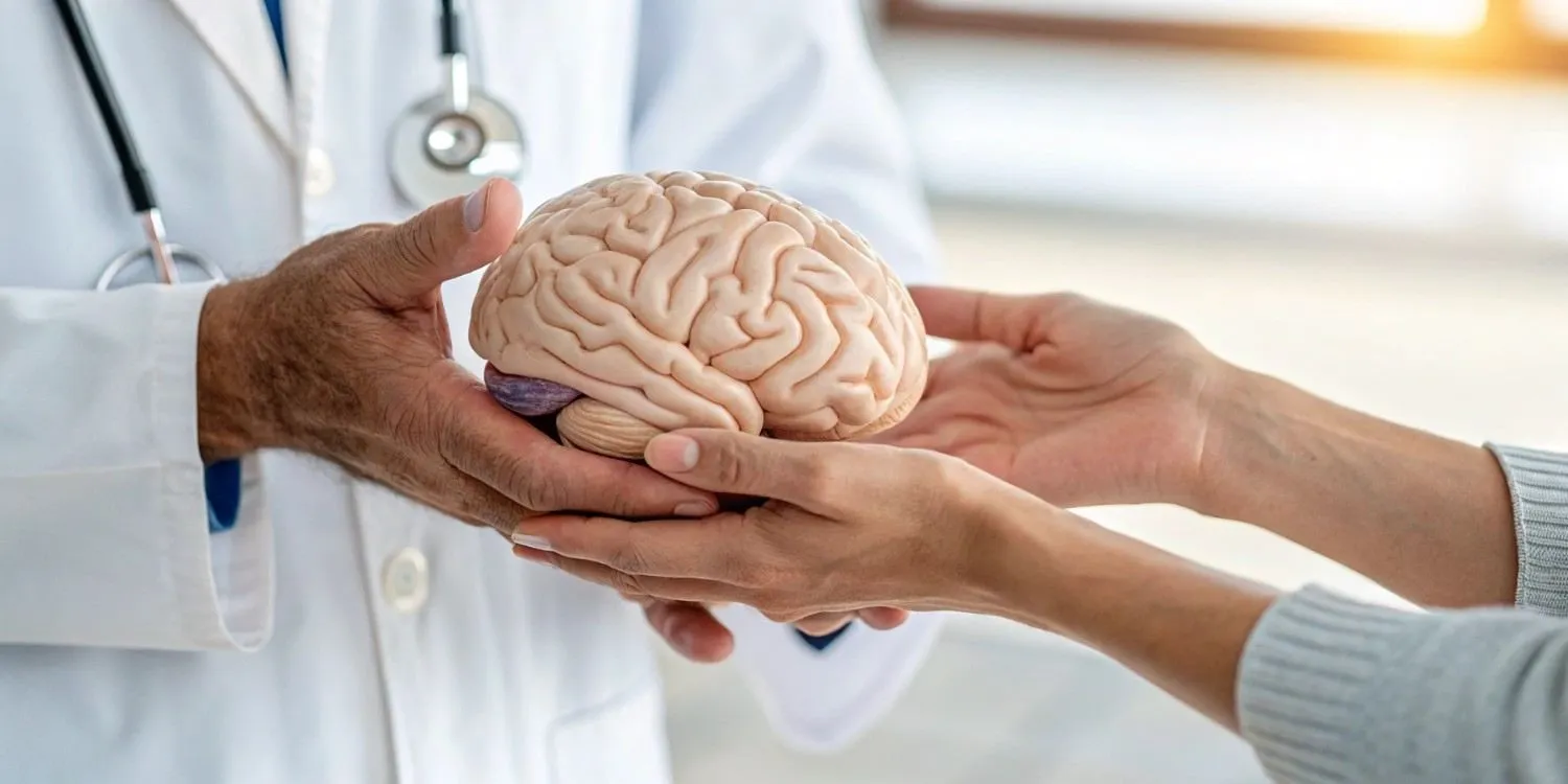 Doctor placing a model of the human brain into the open hands of a patient